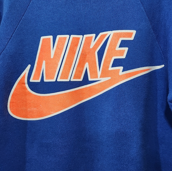 Vtg NIKE FRUIT OF THE LOOM Royal Blue Orange Swoosh Crewneck Sweatshirt Made USA - Picture 2 of 6